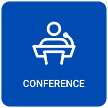 Blue back square icon with podium in the middle