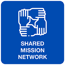 Blue back square icon with hands joined