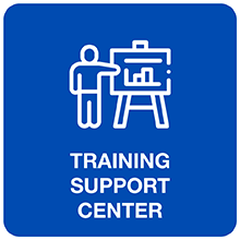 Blue back square icon with person with a presentation board